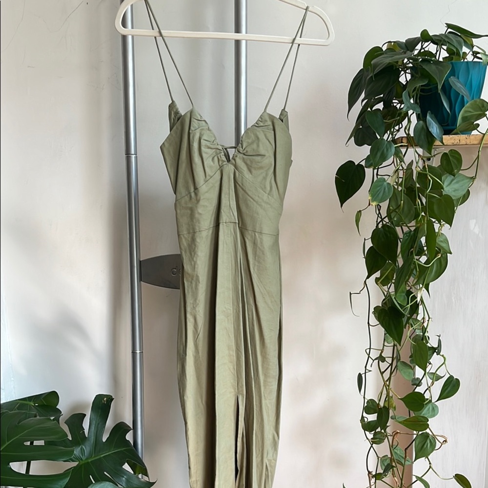 Zara Linen Olive Green Midi Dress size small